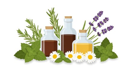Three glass bottles of essential oils with fresh herbs and flowers including rosemary lavender chamomile and green leaves on a white background