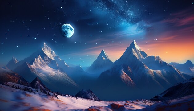 snowy peaks bathed in lunar radiance a majestic mountainscape under a starry sky