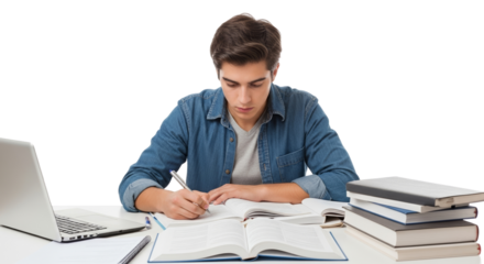 Student at work, focused young man studying at desk with books  isolated on a transparent background  