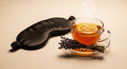 Cozy evening relaxation with a warm herbal tea garnished with lemon and lavender next to a soft black sleep mask on a neutral background