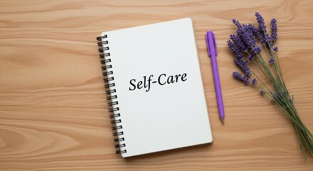 A spiral bound notebook with the words self care written on the cover rests on a wooden surface next to a purple pen and a sprig of lavender
