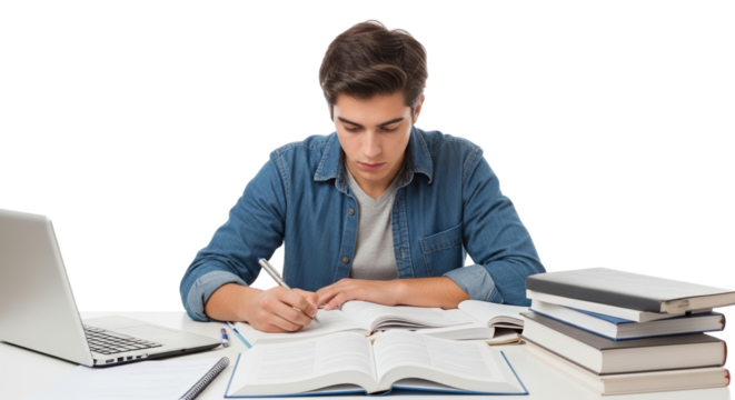 Student at work, focused young man studying at desk with books  isolated on a transparent background  