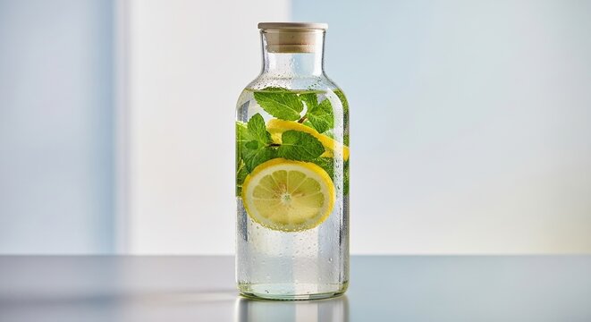 Refreshing clear glass bottle filled with infused water featuring slices of lemon and fresh mint leaves on a light reflective surface