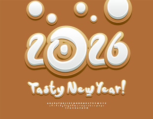 Vector Sweet Greeting Card Tasty New Year 2026! Playful Handwritten Font. Sugar Gingerbread  Alphabet Letters and Numbers set.