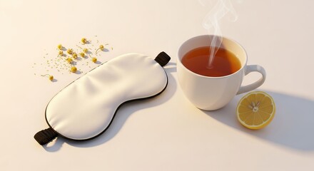 Relaxing evening ritual a white silk eye mask and a steaming cup of herbal tea with a fresh lemon slice