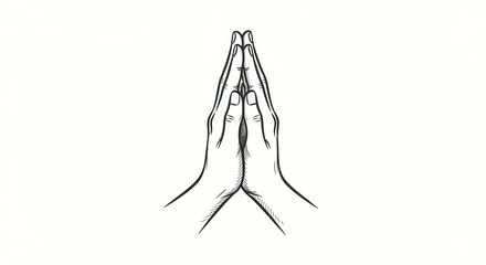 A simple black and white line drawing of two hands clasped together in a prayer or greeting gesture against a white background
