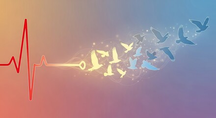 Abstract representation of life s journey from a heartbeat to freedom symbolized by birds flying away from musical notes and keys on a gradient background