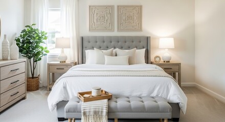 Elegant and inviting master bedroom featuring a plush tufted headboard crisp white bedding and a cozy upholstered bench at the foot of the bed