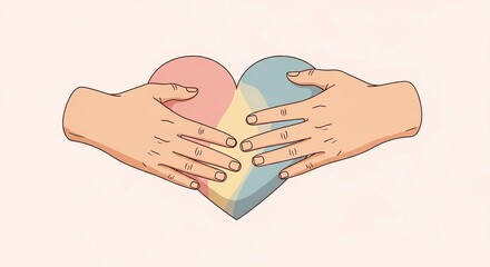 Two gentle hands cradling a pastel colored heart shape divided into two halves symbolizing unity love and support