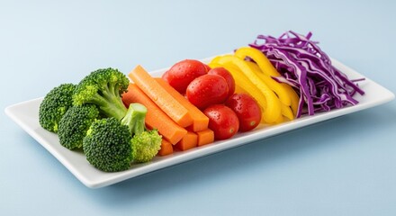 A vibrant and colorful platter of fresh healthy and raw vegetables arranged in a rainbow of colors on a white rectangular plate against a light blue background