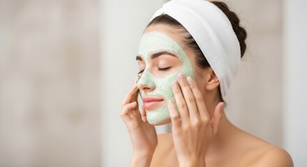 Young woman with a green clay mask on her face and a white towel wrapped around her head applying the mask with her fingers