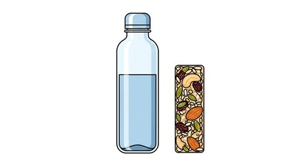 A tall clear glass bottle filled with light blue liquid next to a colorful granola bar with visible fruit and nut pieces on a white background