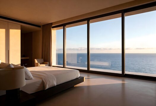 Coastal Serenity: A luxurious bedroom offers panoramic ocean views, creating a space of relaxation and tranquility, inviting to embrace a morning.