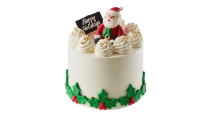 Delightful Christmas cake adorned with a festive Santa Claus topper and cheerful 'Happy Holidays' message, perfect for seasonal celebrations.