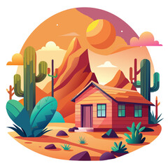 Desert House Scenery with Cacti, Mountains, and Orange Sky Illustration