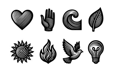 Set of abstract linear icons: nature, peace, energy, and symbols