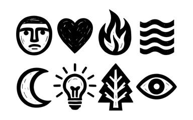 Rustic icon set featuring face, heart, fire, waves, moon, light bulb, tree, and eye