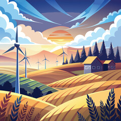 Wind turbines on a farm during sunset with blue sky