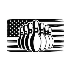 Bowling pins stand in front of a distressed american flag in black and white