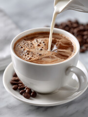 Obraz premium Pouring milk into coffee cup on marble table with beans.