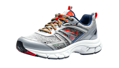 Gray, white, and orange athletic shoe with thick white sole