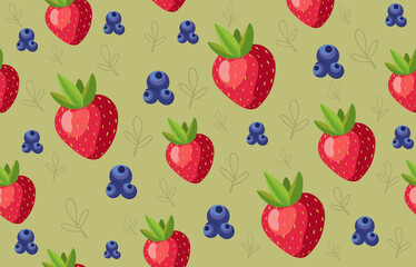 Fresh Summer Strawberry and Blueberry Seamless Pattern on Light Green Background for Kids and Packaging