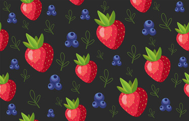 Modern Seamless Strawberry and Blueberry Pattern with Leaves on Dark Night Background