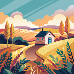Rural landscape house fields trees sky vector illustration graphic design
