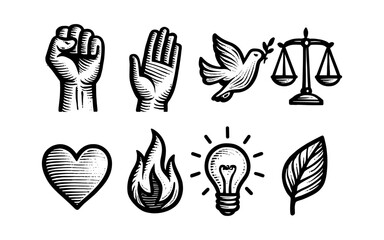 Vintage hand drawn icons for peace, justice, and creativity design