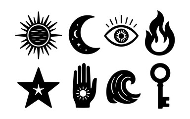 Mystic symbols: sun, moon, eye, fire, star, hand, wave, key in bold silhouette design