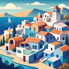 Coastal Village Illustration with White Buildings, Sailboat and Mountain Backdrop