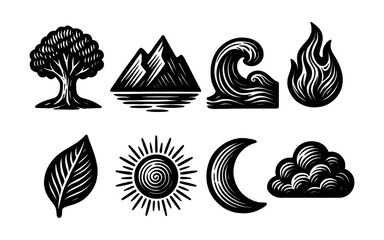 Nature elements set: trees, mountains, waves, fire, moon, sun, clouds, leaves