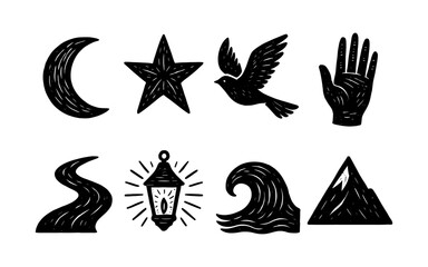 Hand-drawn nature symbols with moon, star, bird, and more