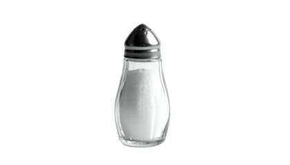 Shiny glass salt shaker full of white seasoning on dark backdrop