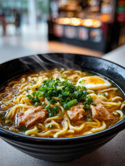 Steaming bowl of ramen with pork, egg, and green onions.