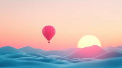 Obraz premium Flying Hot air balloon drifting peacefully over rolling hills during a vibrant sunset.