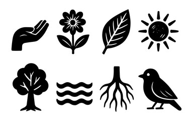 Fototapeta premium Nature and environment icons: minimalist black and white silhouette collection