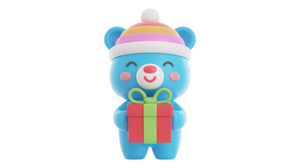 Fototapeta premium Adorable blue bear character wearing a striped winter hat holding a festive gift box, perfect for holiday promotions and children's themes