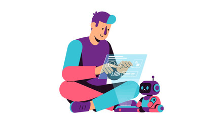Man Using Digital Tablet Working With Friendly Robot, Future Technology Illustration