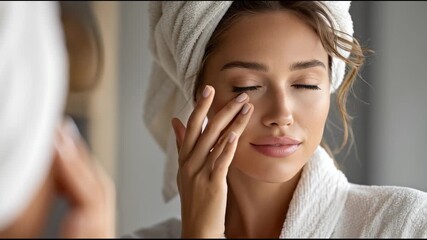 Woman in towel applying skincare with gentle touch for natural beauty enhancement of face, healthy skin 