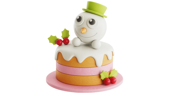 Adorable 3D cartoon snowman peeks over a festive layered cake adorned with holly berries and icing for holiday celebrations