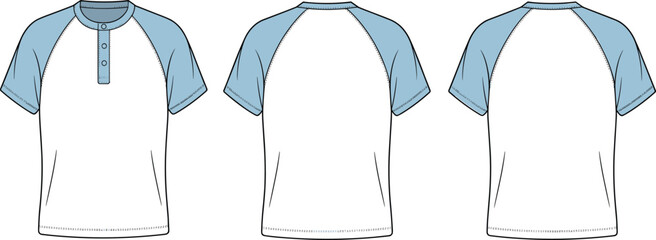 Raglan sleeve color-block T-shirt technical flat sketch showing front and back views with henley placket, vector apparel template for garment design