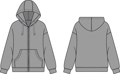 Hoodie technical flat sketch showing front and back views with zipper, pockets and stitching details, vector apparel template for garment design