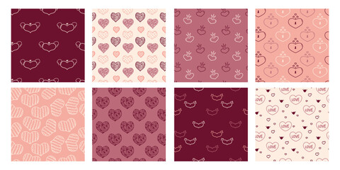 Valentine Heart Seamless Pattern Set in Red and Pink Tones