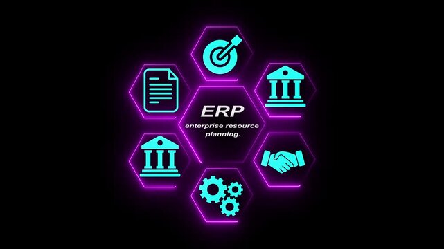 ERP system concept with icons for finance, operations, logistics, HR, software illustrating core enterprise planning functions. Idea of ERP. 4k video Motion graphics of enterprise resource planning.