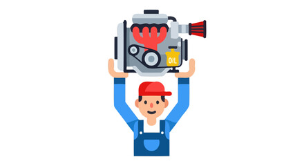 Obraz premium Mechanic Holding Car Engine Over Head Showing Repair And Maintenance