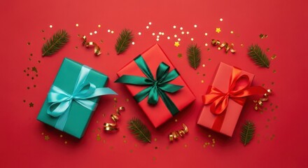 Assortment of colorful christmas gift boxes with pine needles and confetti on red background