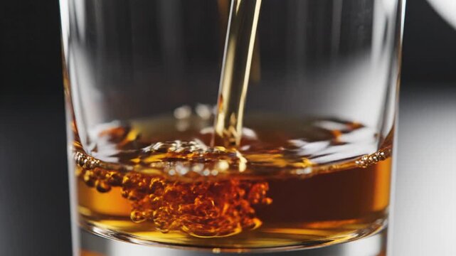 Whiskey Pouring into Glass: Golden Liquid, Close-Up, Slow Motion