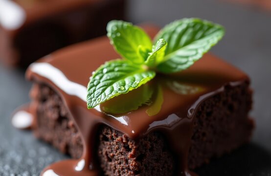 Gourmet chocolate brownie close-up in brown and green colors representing a decadent sweet dessert