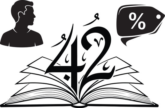 Adobe Illustrator Artwork  Arabic Calligraphy Number 42 on Open Book with Man Silhouette and Discount Tag - Education, Sale, Learning Vector